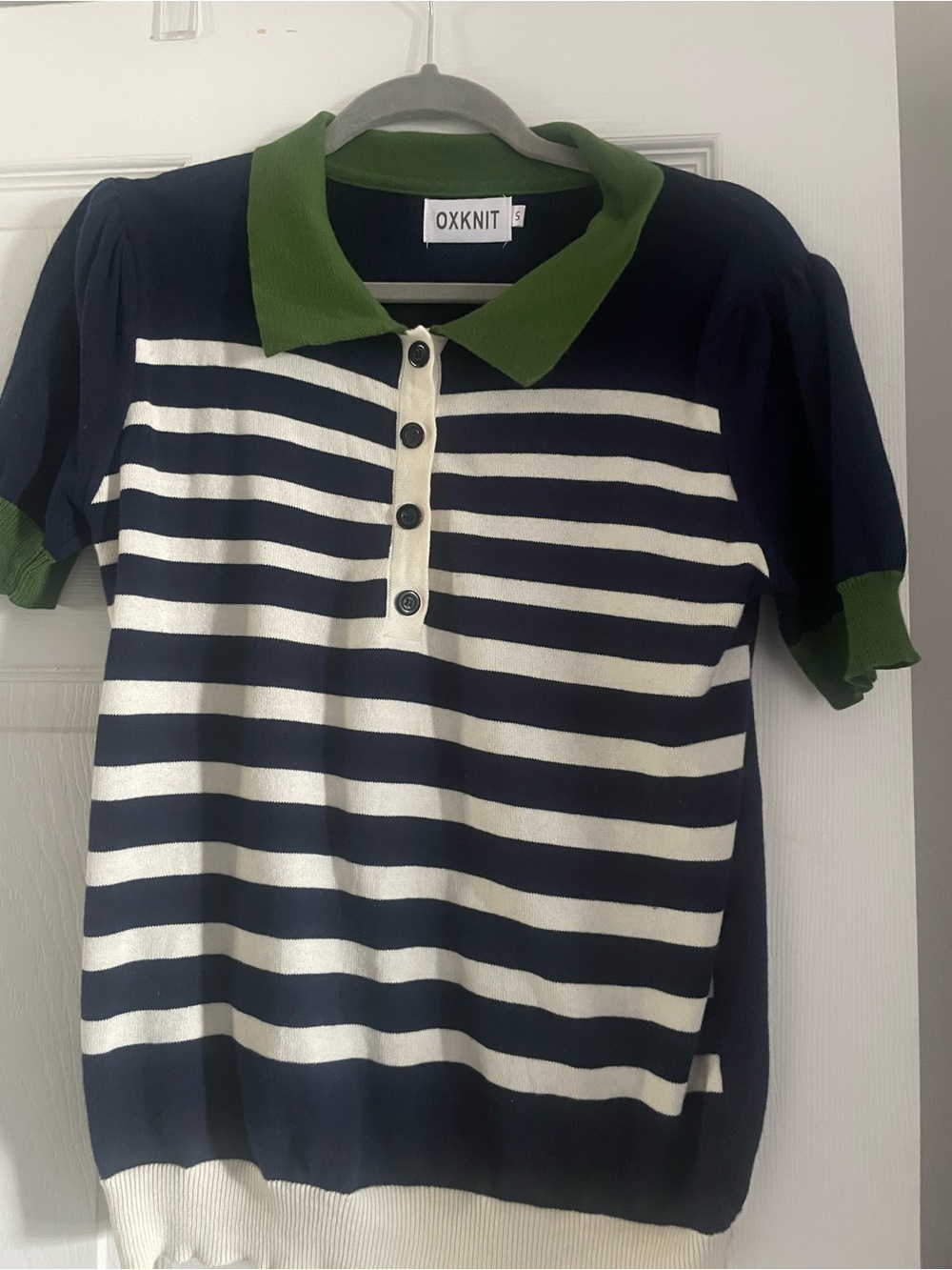 Women’s Navy & White Striped Polo Top with Green Trim